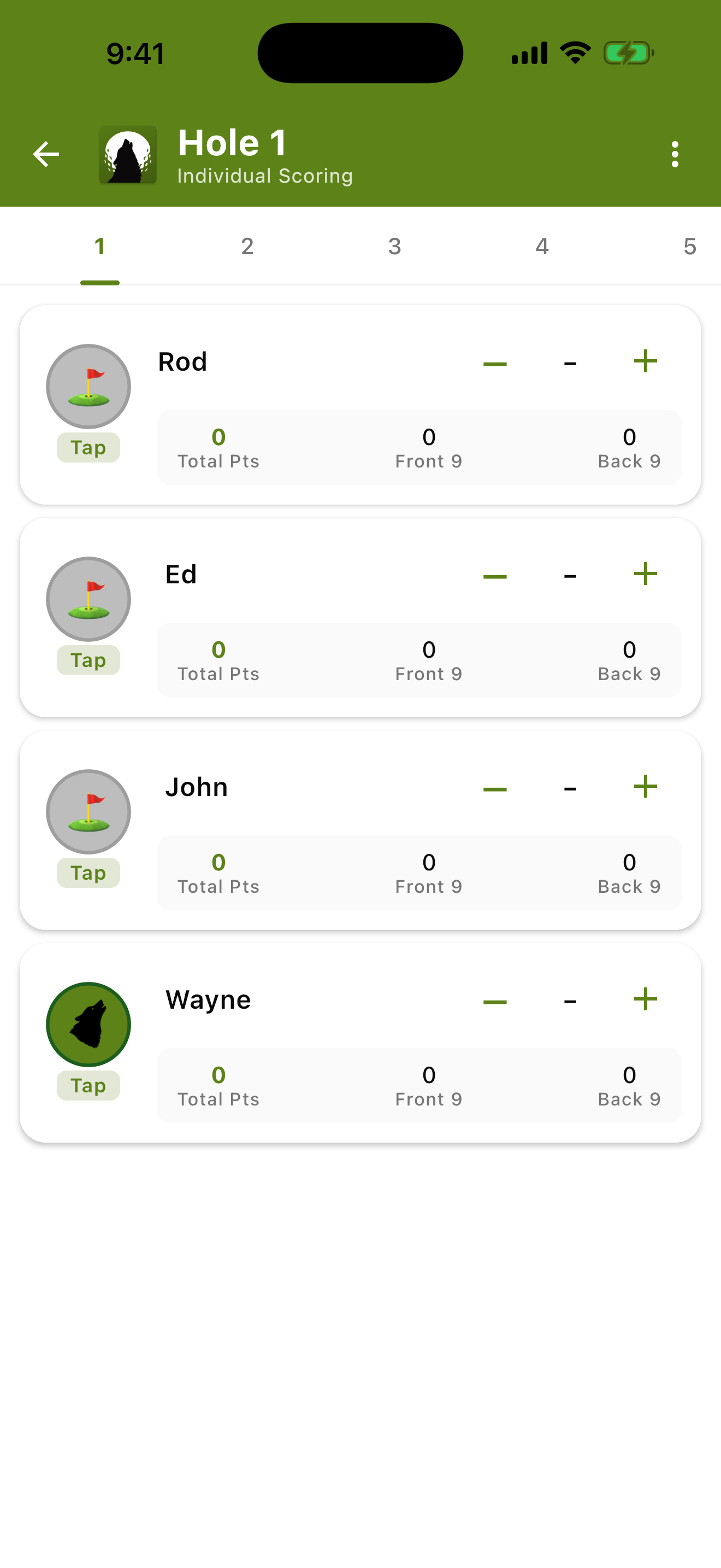 Hole 1 individual scoring — a tap control for each player to enter their score.