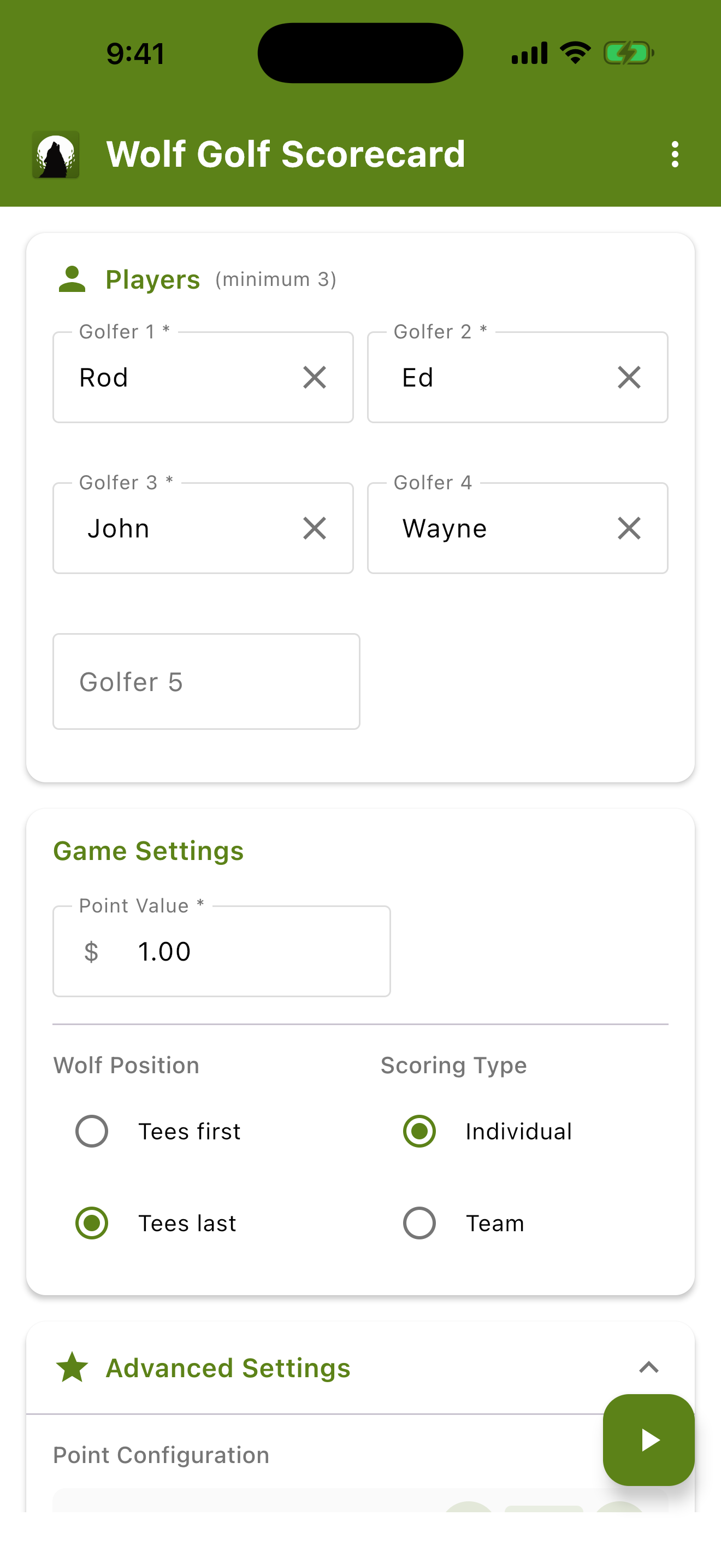 Wolf Golf Scorecard setup screen — players Rod, Ed, John and Wayne with a $1 point value, wolf teeing last, and individual scoring.